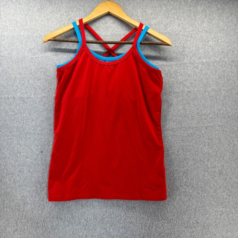 Marmot Women's Medium Red Blue Strappy Back Tank Top Built in Bra Active Yoga